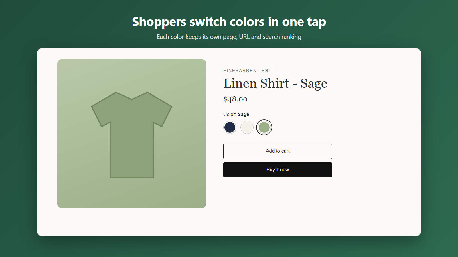 Product page for Linen Shirt - Sage with navy, cream and sage color swatches